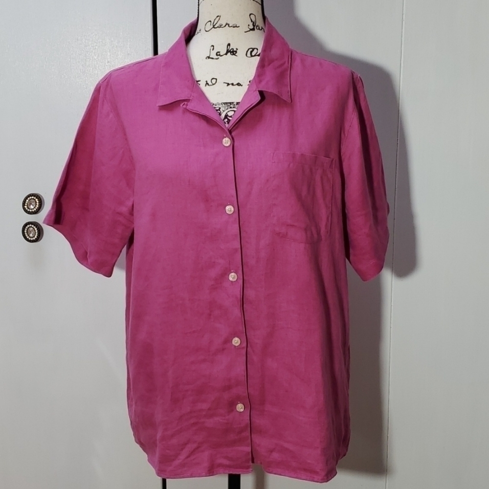 L.L BEAN-  Pink 100% Linen Short-sleeved Pocket Top Breathable Preppy Sz.Large